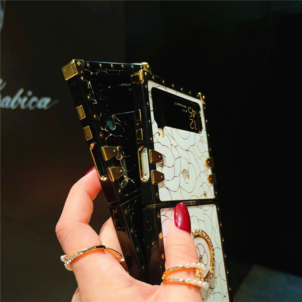 Luxury Shockproof Cover Retro Glitter Gold Line Rose Flower Phone Case for Samsung Galaxy Z Flip 7 Flip 6 Z Flip 5 Flip 4 Flip 3