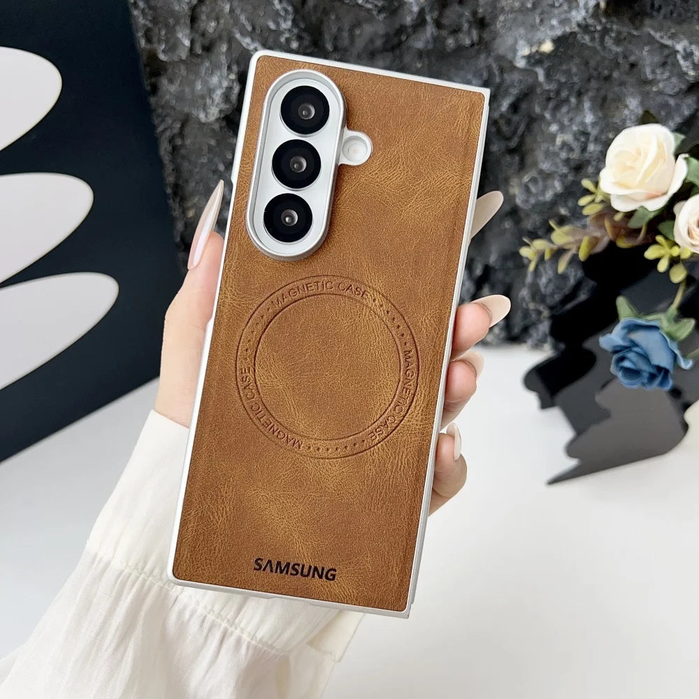 Retro Leather Cover Samsung Galaxy Z Fold 7 6 5 4 Magsafe Wireless Charging Cover For Galaxy Fold6 Fold7 Hard Shockroof Case