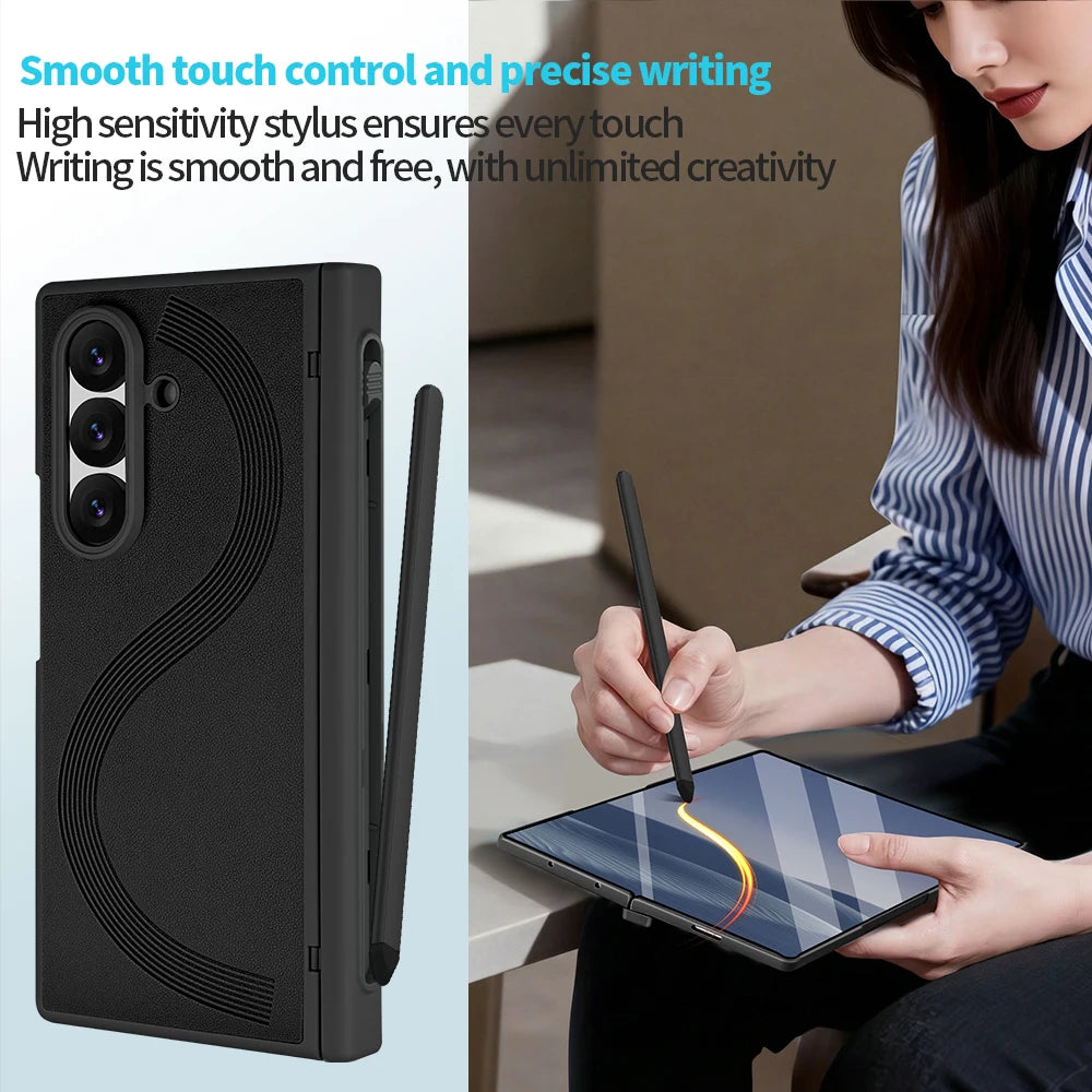 PU Leather Glass Film Pen Slot with Pen Phone Case for Samsung Galaxy Z Fold 7 6 Fold6 Fold7 Hinge Protection Cover