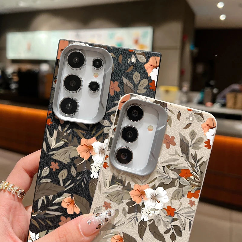 Flower Leaves Case For Samsung Galaxy A55 A35 A25 A15 5G A54 A34 A14 A53 A52 A16 S20 S21 FE S22 S23 S24 Ultra Leather Texture