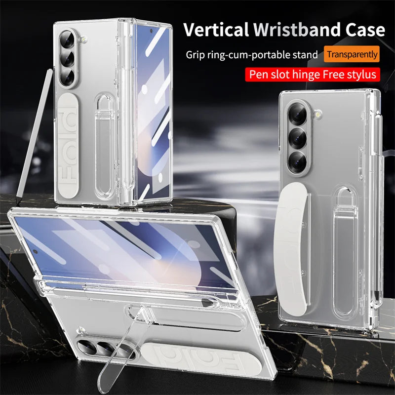 Wristband Holder Hinge Phone Case For Samsung Galaxy Z Fold 7 6 5 4 3 With Pen Slot & S Pen Screen Protector Film Protect Cover