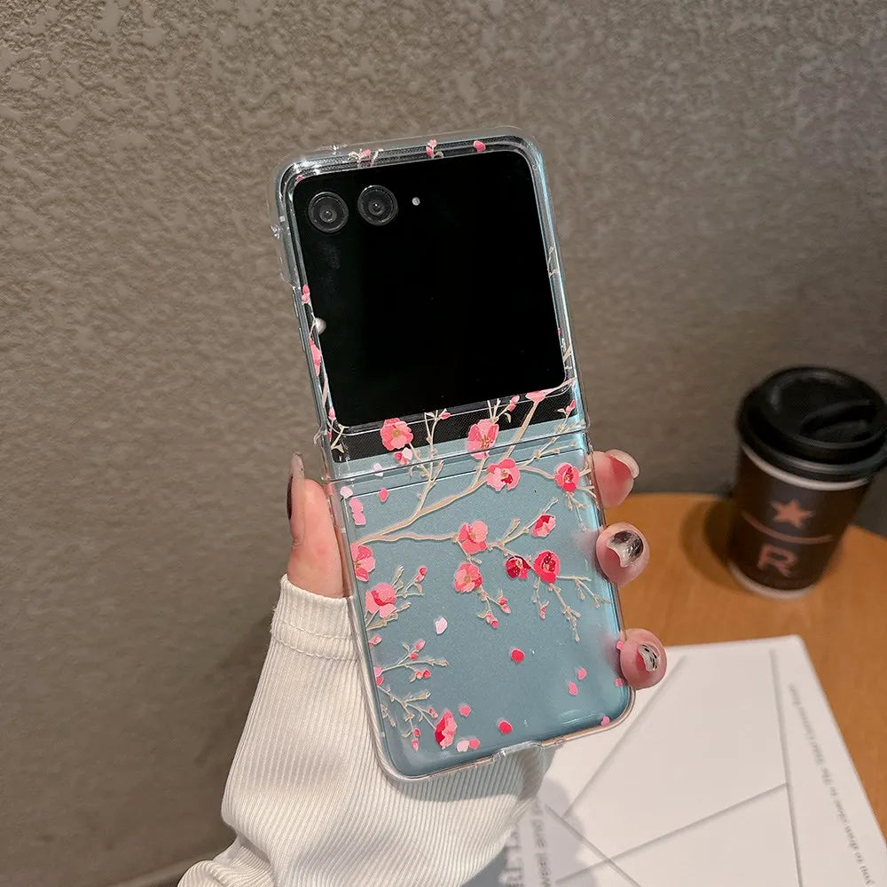For Motorola Razr 40 50 60 Ultra Pro 60U Case Floral Transparent Folding with Bracelet Shockproof Hard PC Back Cover Accessories