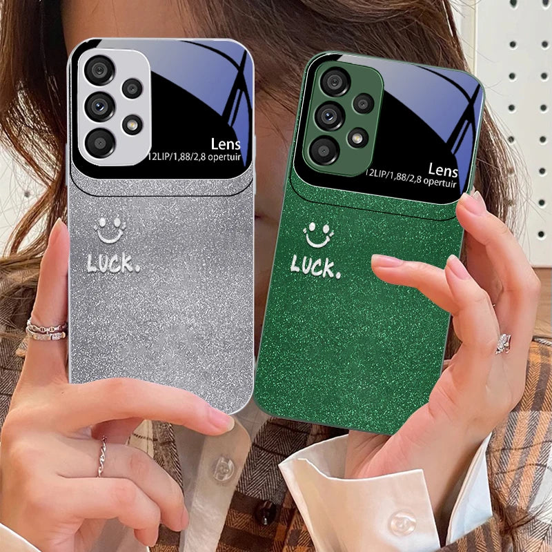 Sunshine Smile Silver For Samsung Galaxy S10 4G S20 11E 30 S21 22 S24 Fe Pro S23 S25 Ultra 5G S9 Tempered Glass Phone Case