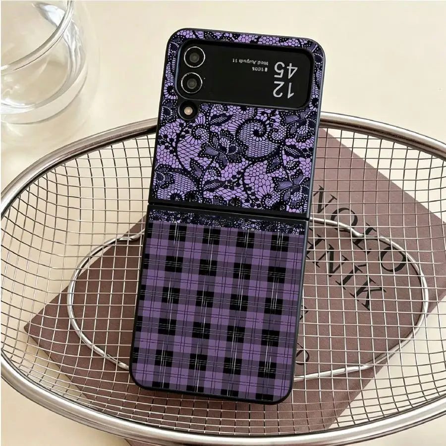 Back Phone Cover Funda Case for Samsung Galaxy Flip6 Flip3 Flip5 Flip4 Flip7 FE Z Flip 7 6 5 4 3 Plaid Lace Floral