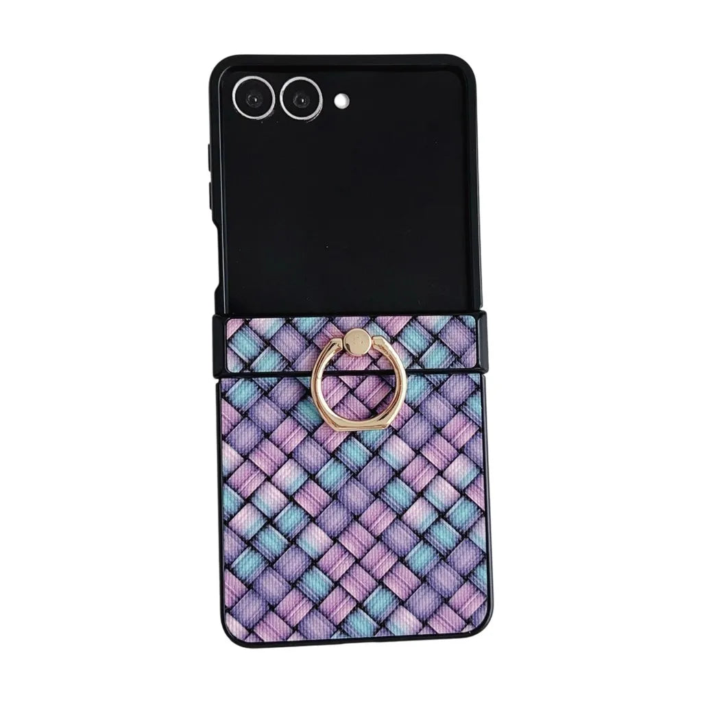 Dazzling Color Weave Pattern Case For Samsung Galaxy Z Flip 7 SE 6 5 4 3 ZFlip7 5G 3-piece Set With Finger Ring Colorful Cover