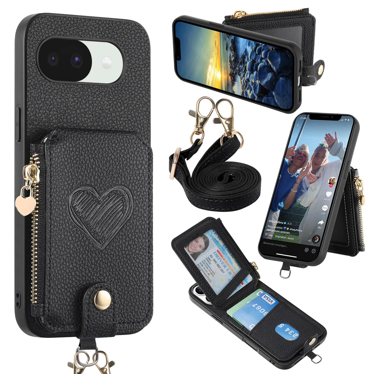 Crossbody Long Lanyard Zipper Cards Sold Wallet Leather Case for Google Pixel 10 Pro XL 9A 8A 7A 6A Shockproof Stand Slim Cover