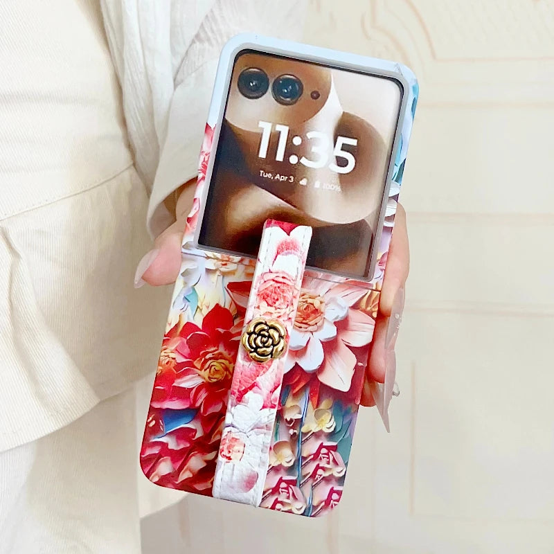 Embossed Watercolor Flower Phone Case For Motorola Razr 60 50 Ultra MOTO RAZR 60Ultra Aesthetic Camellia Wristband Back Cover
