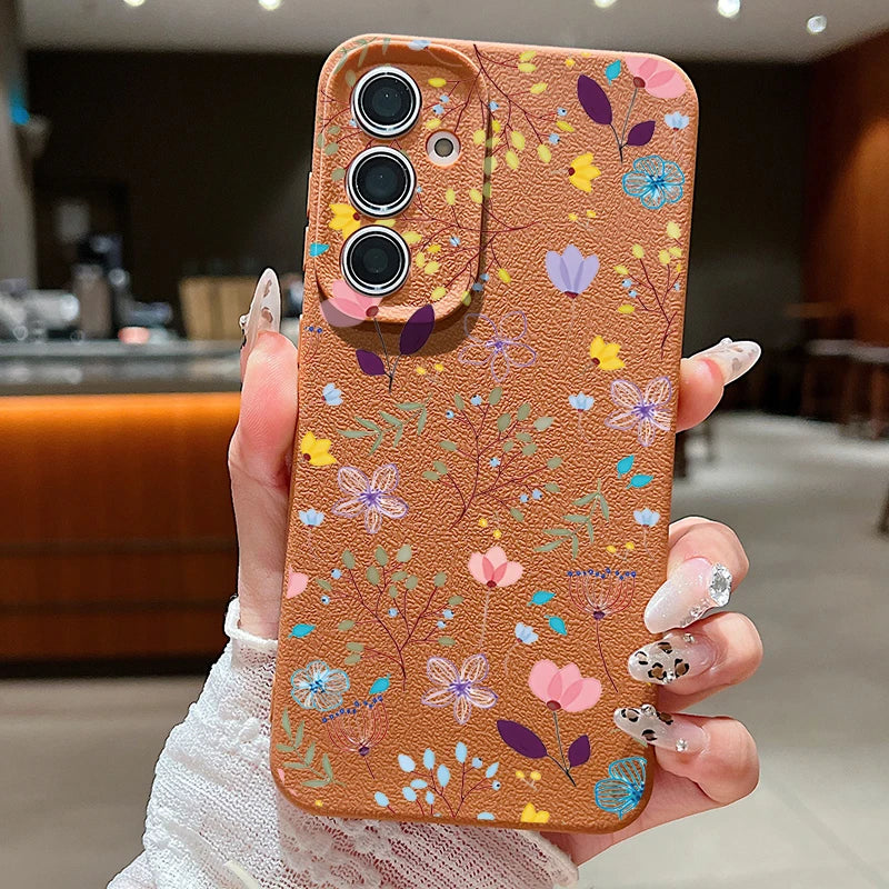 Floral Flowers Leather Texture TPU Case For Samsung Galaxy S24 FE S25 S23 S22 Ultra A16 A55 A15 A54 A35 A25 A56 5G Phone Cover