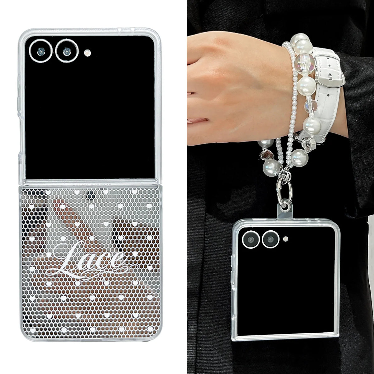 Small Folding Mirror Love Lace Phone Case for Z Flip 8 7 6 5 4 3 Lanyard Portable Comfortable Grip Fashion Edge Protection Cover