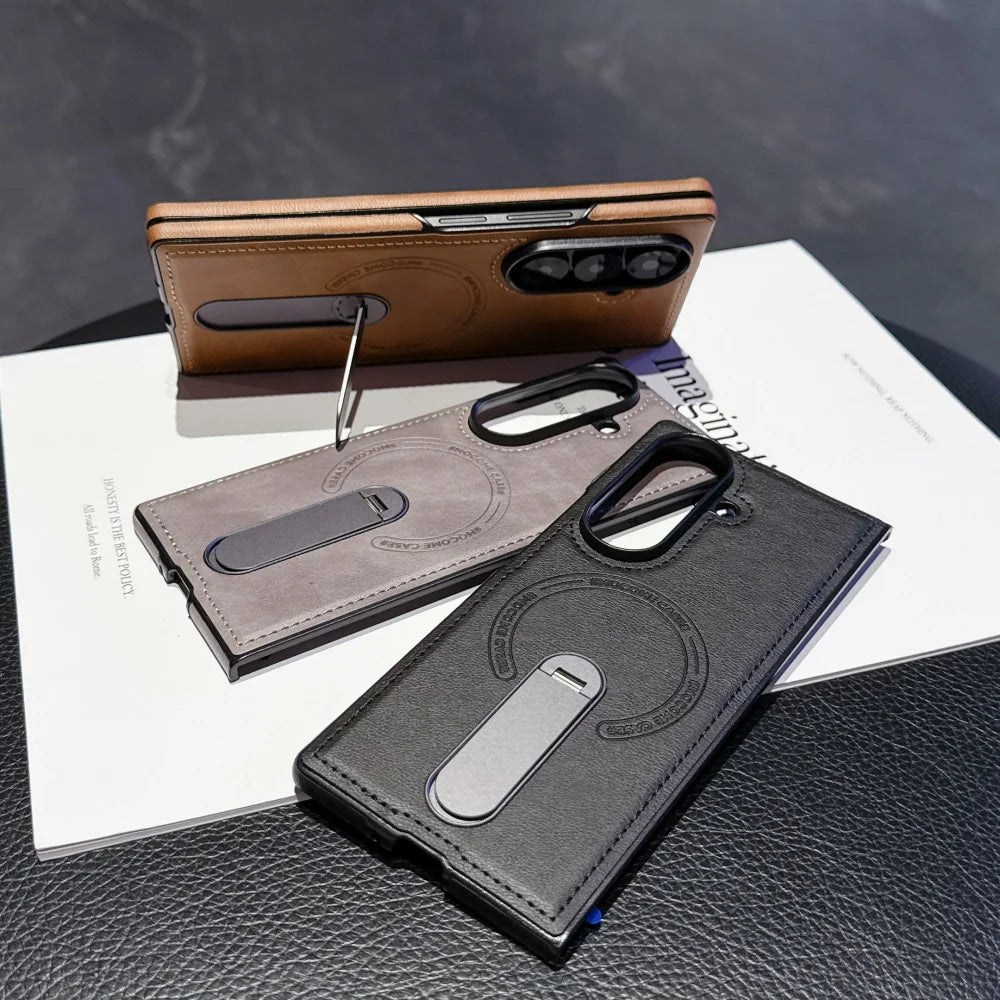 Luxury Magnetic Leather Case For Samsung Galaxy Z Fold 7 6 5 4 3 5G Folding Bracket Holder Wireless Charging Cover For Zfold7