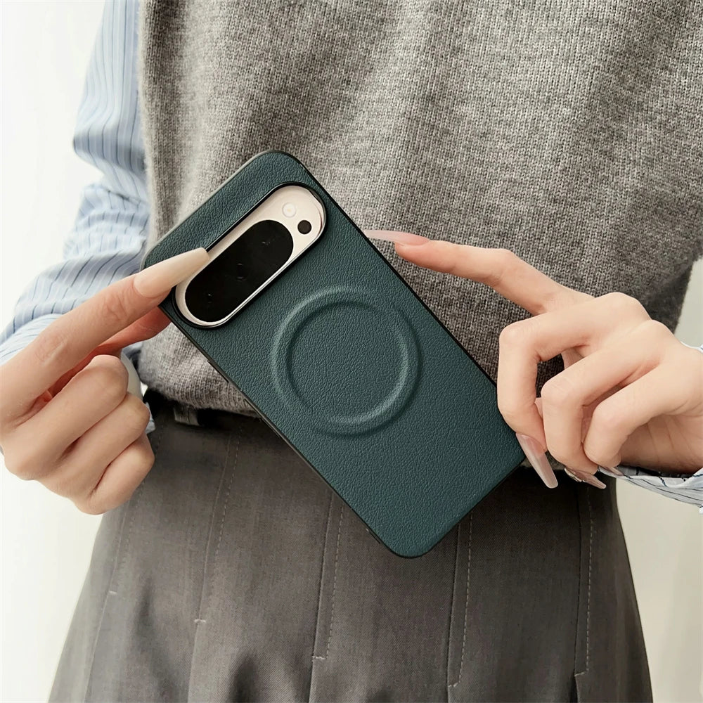 Vegan Leather Ultra Thin Phone Case For Google Pixel 10 Pro XL 8 8A 7 7A 6 9 Pro XL For Magsafe Magnetic Shockproof Solid Cover