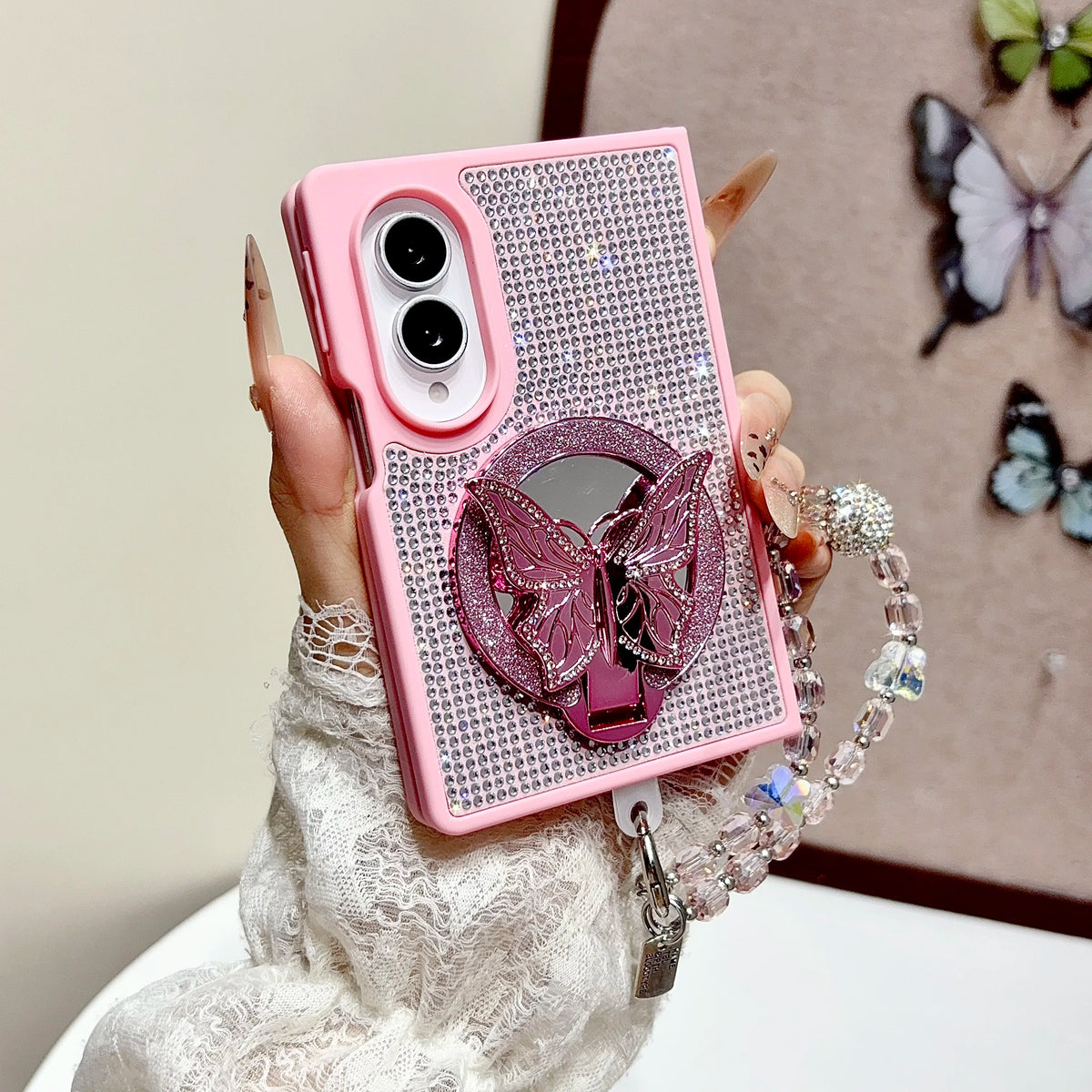 Full Diamond Butterfly Mirror Stand‌ Phone Case for Samsung Galaxy Z Fold8 Fold 8 Wide Shockproof Fashion Strap Slim Fit Cover