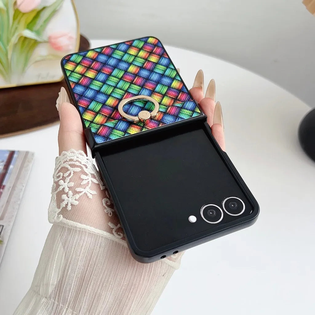 Dazzling Color Weave Pattern Case For Samsung Galaxy Z Flip 7 SE 6 5 4 3 ZFlip7 5G 3-piece Set With Finger Ring Colorful Cover
