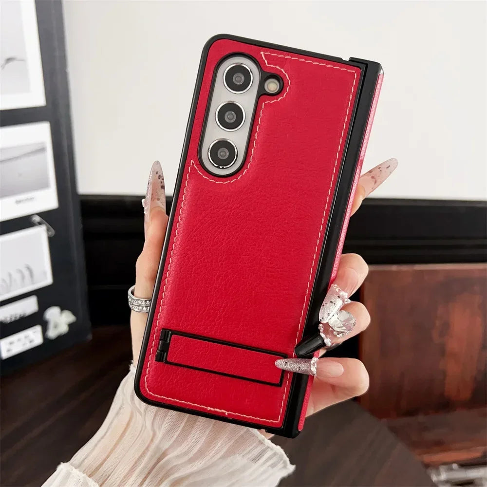 Shockproof Hinge Protective Bracket Phone Case for Samsung Galaxy Z Fold 6 5 4 3 Fold6 Fold5 Fold4 Fold3 5G PU Leather Cover