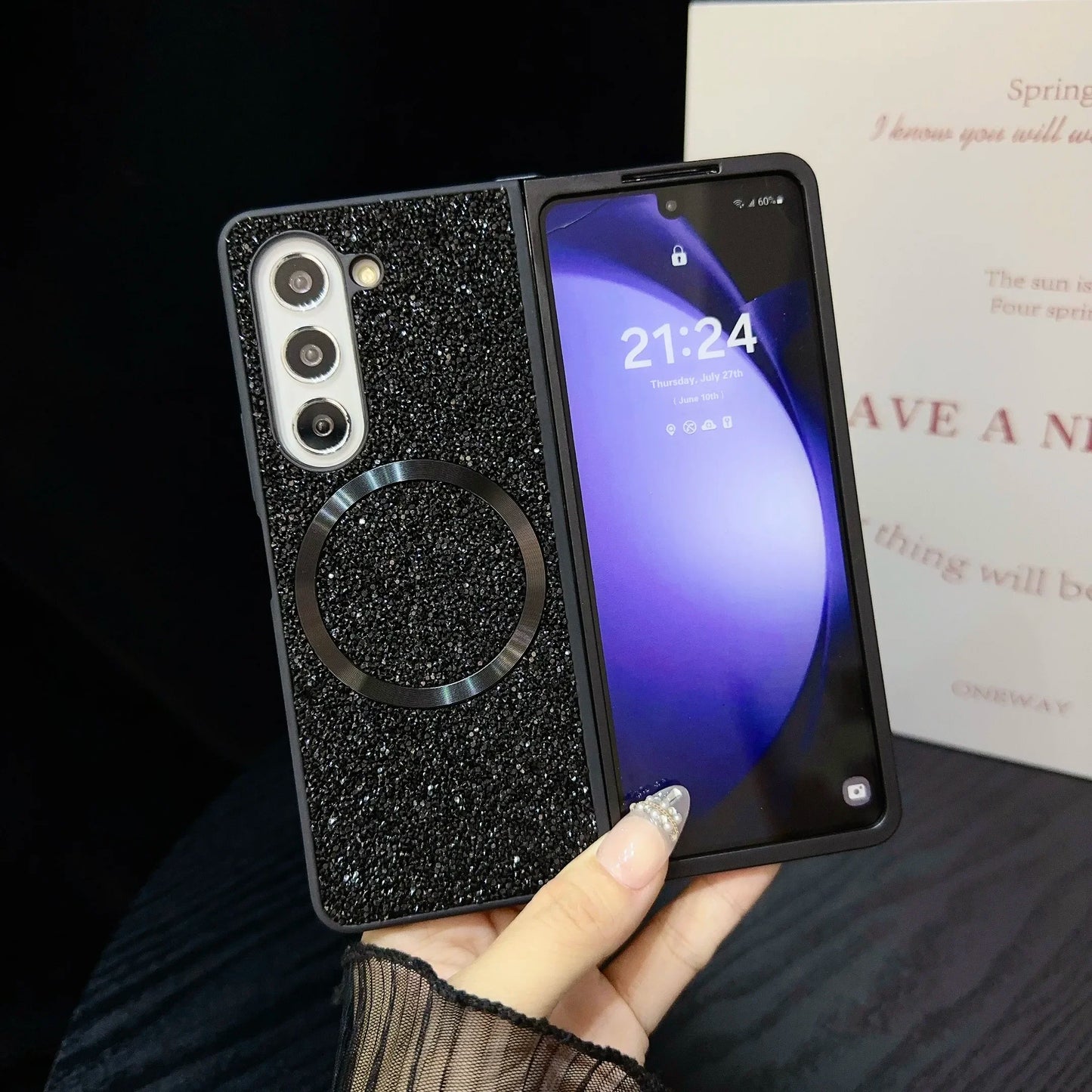 Sparkling Diamond Brilliant Phone Case for Samsung Galaxy Z Fold 7 6 5 4 3 Fold7 TPU Soft Edge Magnetic Cover Women Girl