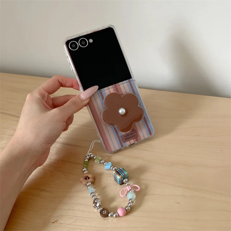 Fashion Brown Stripe Phone Case For Samsung Z Flip 7 6 5 4 Cover with Flower Stand Holder Chain Cute Cases For Galaxy Flip7 Capa