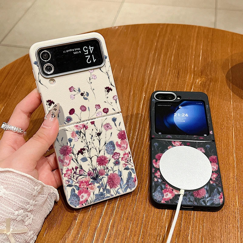 Purple Flower Print Case For Samsung Galaxy Z Flip 6 5 4 3 Magnetic For Magsafe Folding Cover For Samsung Z Flip6 Flip5 Flip4