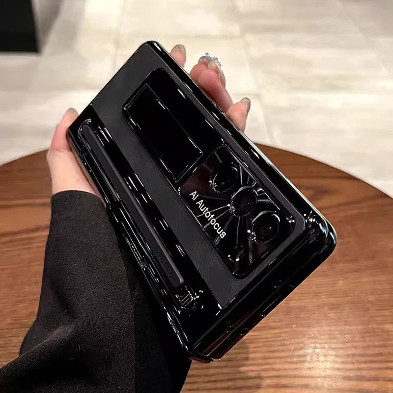 Leather Bracket Pen Slot With Stylus Case For Samsung Galaxy Z Fold 7 6 Fold 5 Fold4 W25 5G Glass Screen Hinge Protection Cover