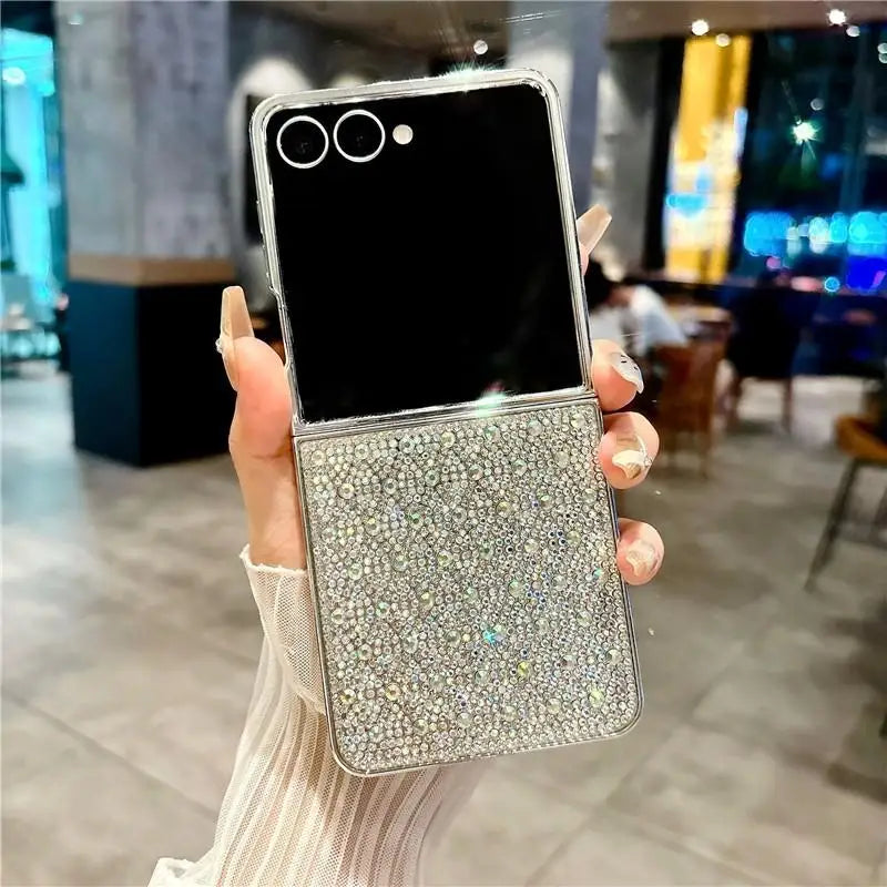 Glitter Bling Plaid Diamond Phone Case For Samsung Galaxy Z Flip 7 Flip6 ZFlip 5 4 Luxury Rhinestone High-end Plating Hard Cover