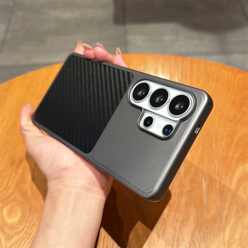 Carbon Fiber Wave Twill Pattern Phone Case for Samsung S26 S23 Ultra S25 Plus S24 FE Kevlar Metal Large Window Matte Black Cover