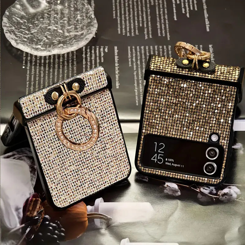 Artificial Diamond-Plated Ring Buckle Phone Case for Samsung Galaxy Z Flip 7 6 5 4 3 Series  Featuring a Luxurious Design Shiny