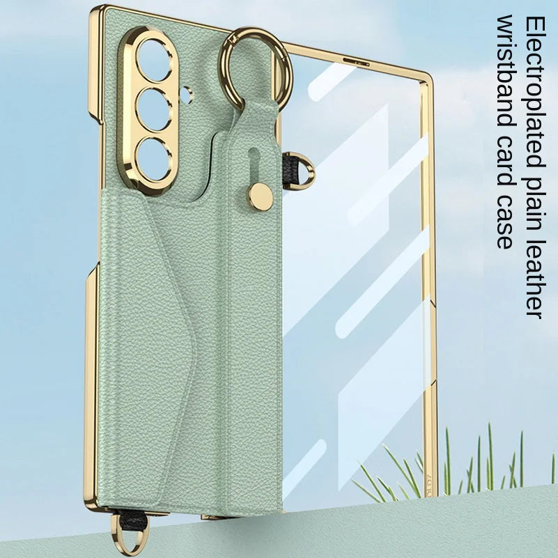 Gold Wristband Bracelet Electroplated Plain Leather Card Slot Glass Protect Case for Samsung Galaxy Z Fold7 Fold 7 6 Cover