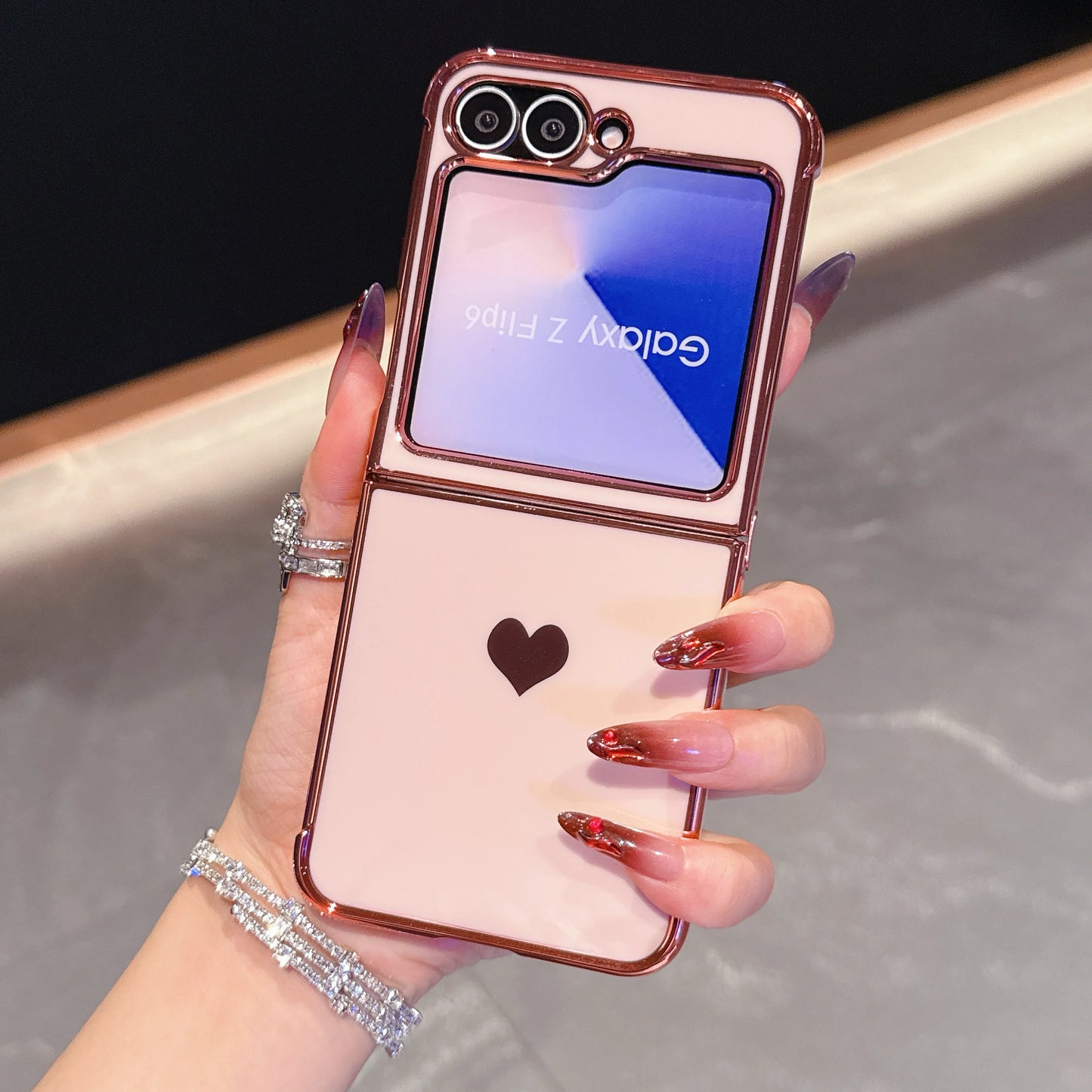 For Samsung Galaxy Z Flip 7 FE 6 5 Love Heart Pattern Fold Phone Case Luxury Electroplated Shockproof Soft Cover