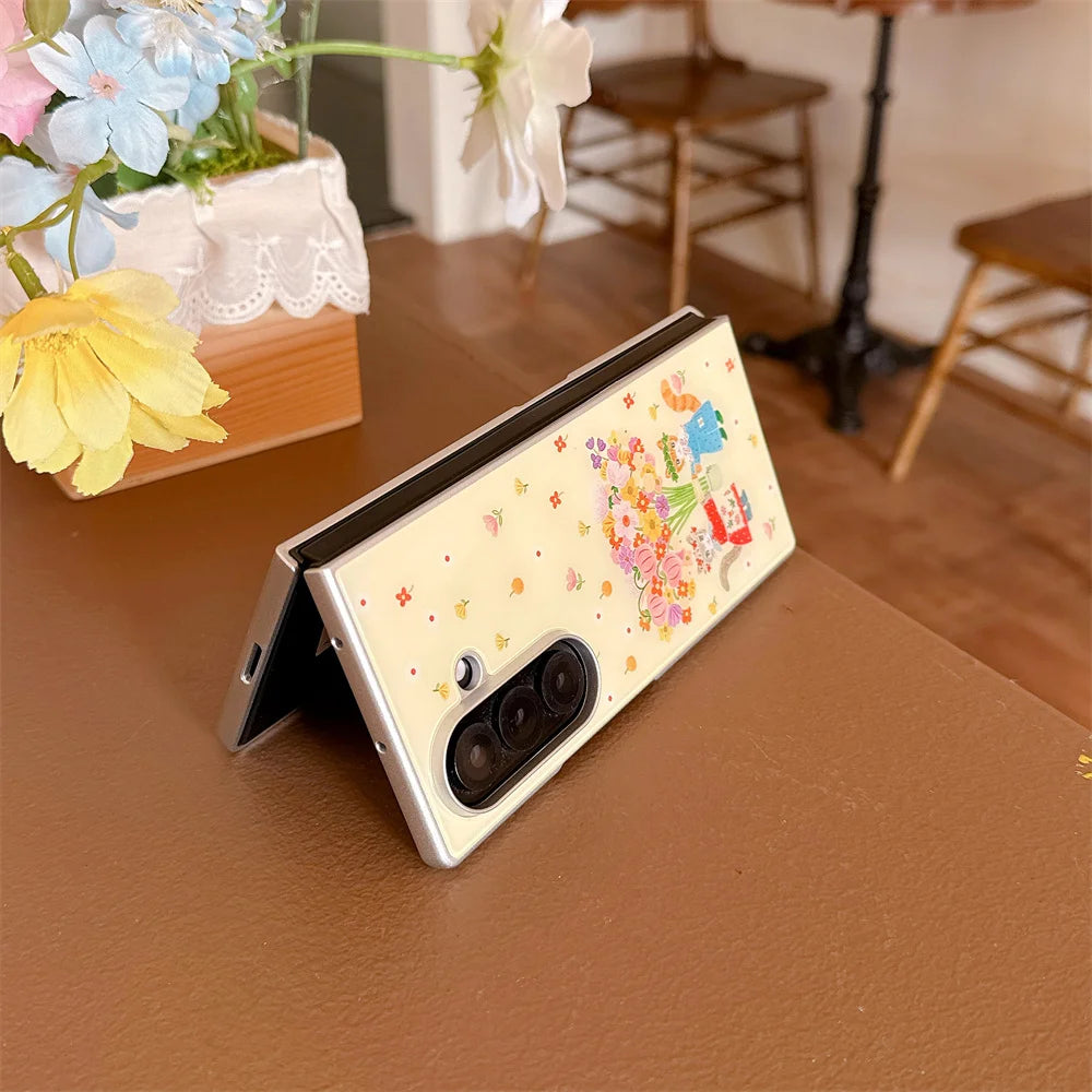 Korean Cute Flower Kitten Glass Phone Case for Samsung Galaxy Z Fold 7 6 Fold 6 Fold 7 Fold 6 7 Cover Fashion Shockproof Funda