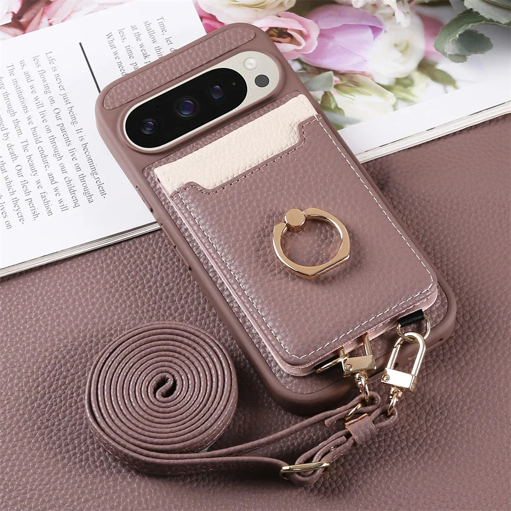 Crossbody Strap Lanyard Wallet Case with Card Slots Ring Holder Kickstand For Google Pixel 9a 8 9 Pro XL 8a 7a PU Leather Cover