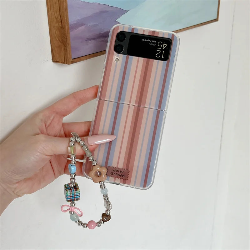 Fashion Brown Stripe Phone Case For Samsung Z Flip 7 6 5 4 Cover with Flower Stand Holder Chain Cute Cases For Galaxy Flip7 Capa
