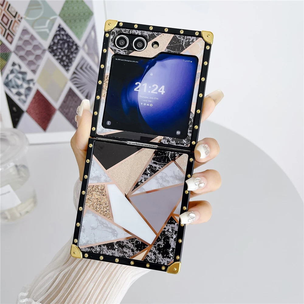 Luxury Glitter Shockproof Geometric Pattern Retro Women Phone Case for Samsung Galaxy Z Flip 7 Flip 6 Z Flip 5 Flip 4 Flip 3