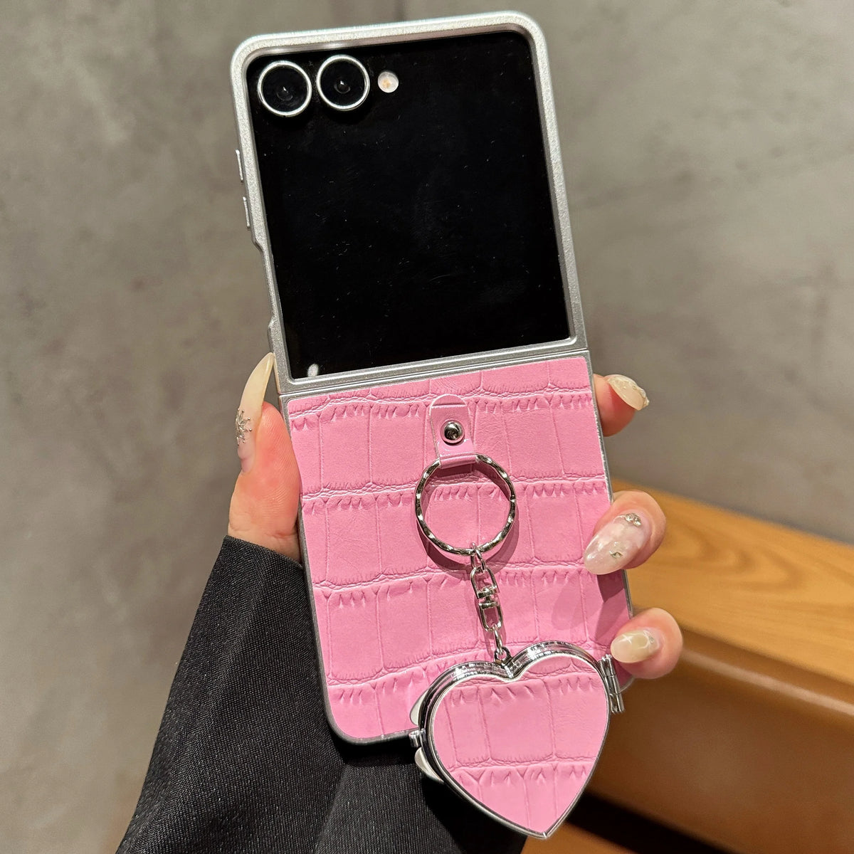 Crocodile Patterned Leather Case For Samsung Galaxy Z Flip 8 Heart Make up Miroor Cover For Samsung ZFlip7 Z Flip 6 5 4 3 Cover