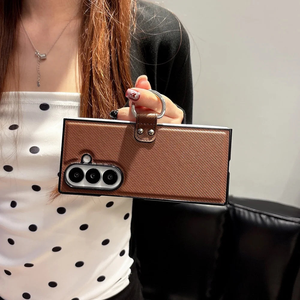 Luxury PU Leather Ring Bracket Phone Case For Samsung Galaxy Z Fold 7 6 5 4 3 Solid Color Shockproof Protection Folding Cover