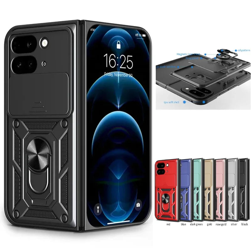 Full Camera Lens Protection Phone Case For Google Pixel 9 Pro Fold 5G Armor Metal Rotating Ring Silicone Soft Back Cover Cases