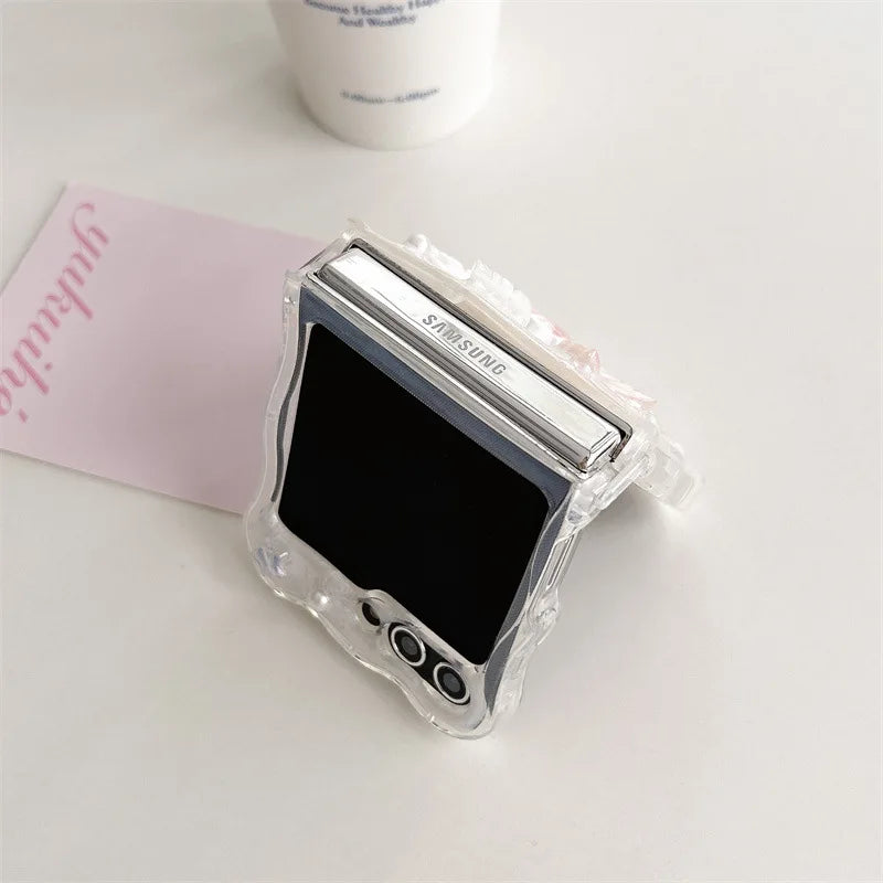 Luxury 3D Butterfly Love Heart Wavy Phone Case For Samsung Galaxy Z Flip 7 6 5 4 3 Zflip7 Zflip6 With Lanyard Shockproof Cover