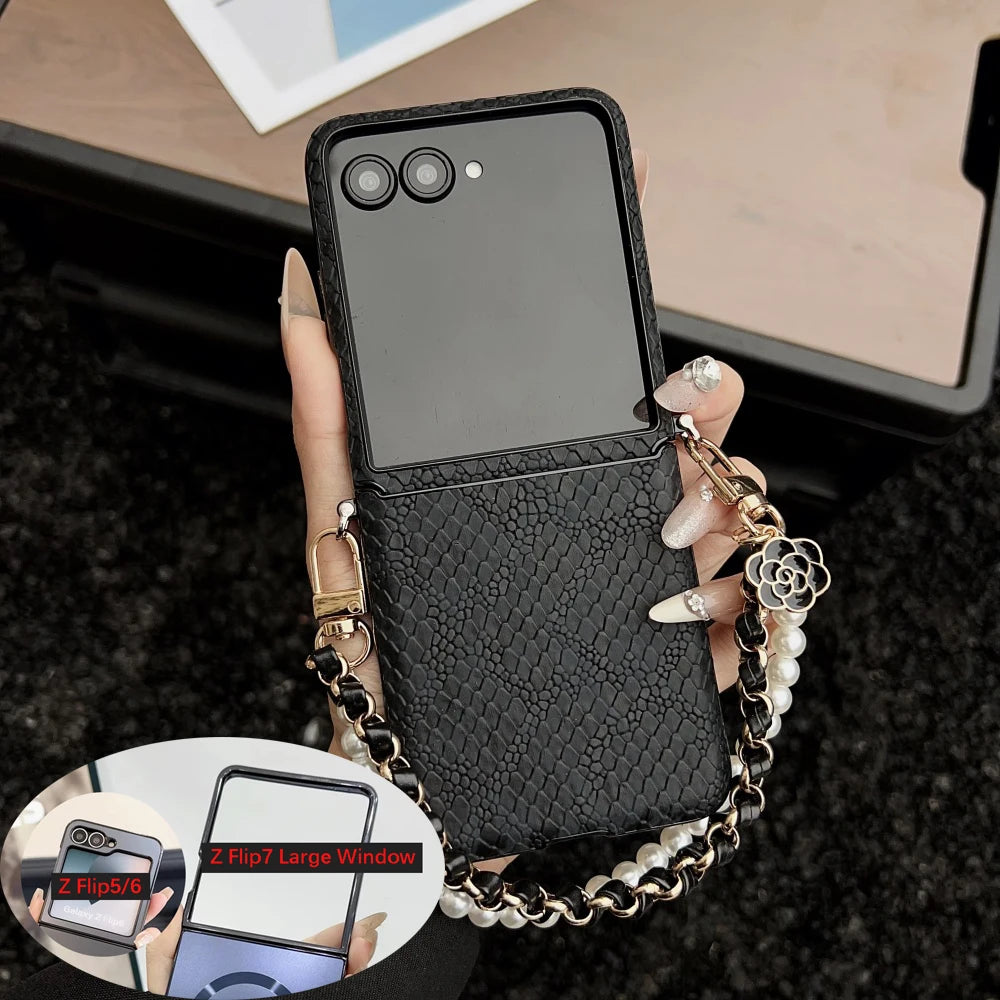 Luxury Snake Texture PU Leather Case For Samsung Galaxy Z Flip7 Flip 7 6 5 4 Zflip6 Case Pearl Flower Bracelet Strap Back Cover