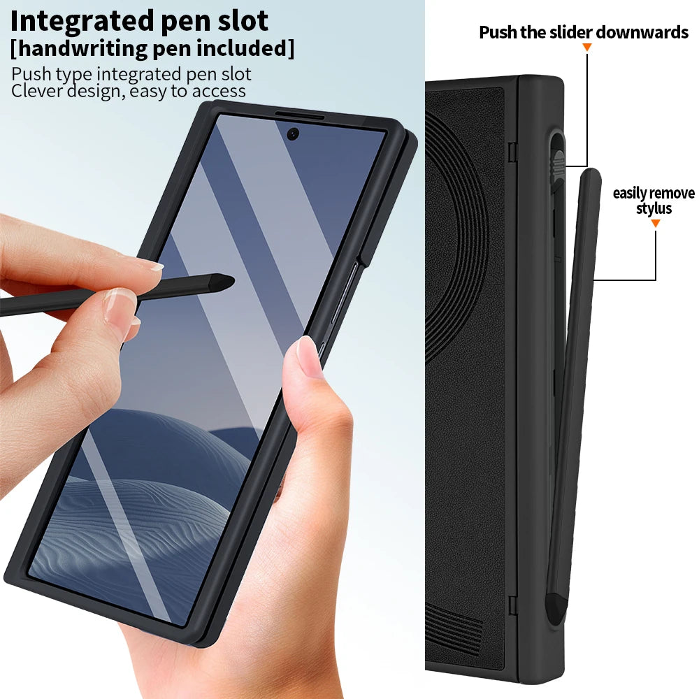 PU Leather Glass Film Pen Slot with Pen Phone Case for Samsung Galaxy Z Fold 7 6 Fold6 Fold7 Hinge Protection Cover
