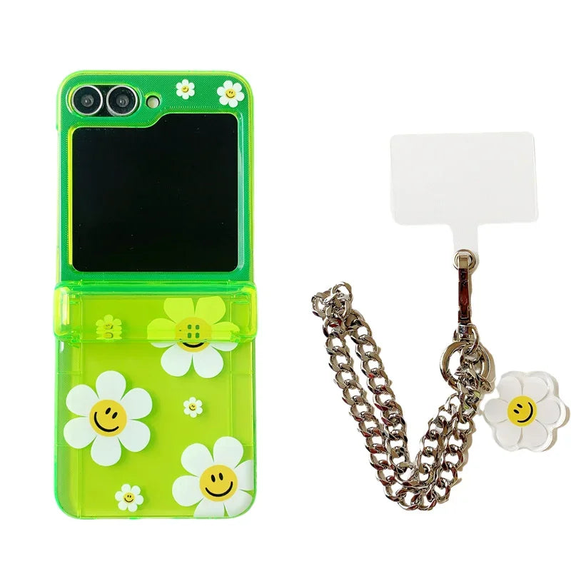 Phone Case For Samsung Galaxy Z Flip 7 FE 6 5 4 3 Fluorescent Green Insert Cards Cute Flower Stand Bracelet Shockproof Cover