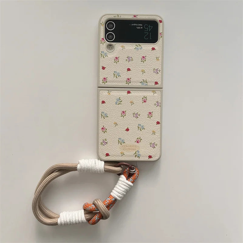 Phone Case For Samsung Galaxy Z Flip 3 4 5 Z Flip5 ZFlip5 Ins Flower Knot Portable Rope Shockproof Cover With Lanyard