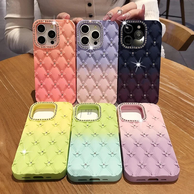 Luxury Glitter Diamond 6D Flowers S25 Edge Gradient Case For Samsung Galxy S25 S24 S23 Ultra Plus FE A26 A16 Wrist Strap Cover