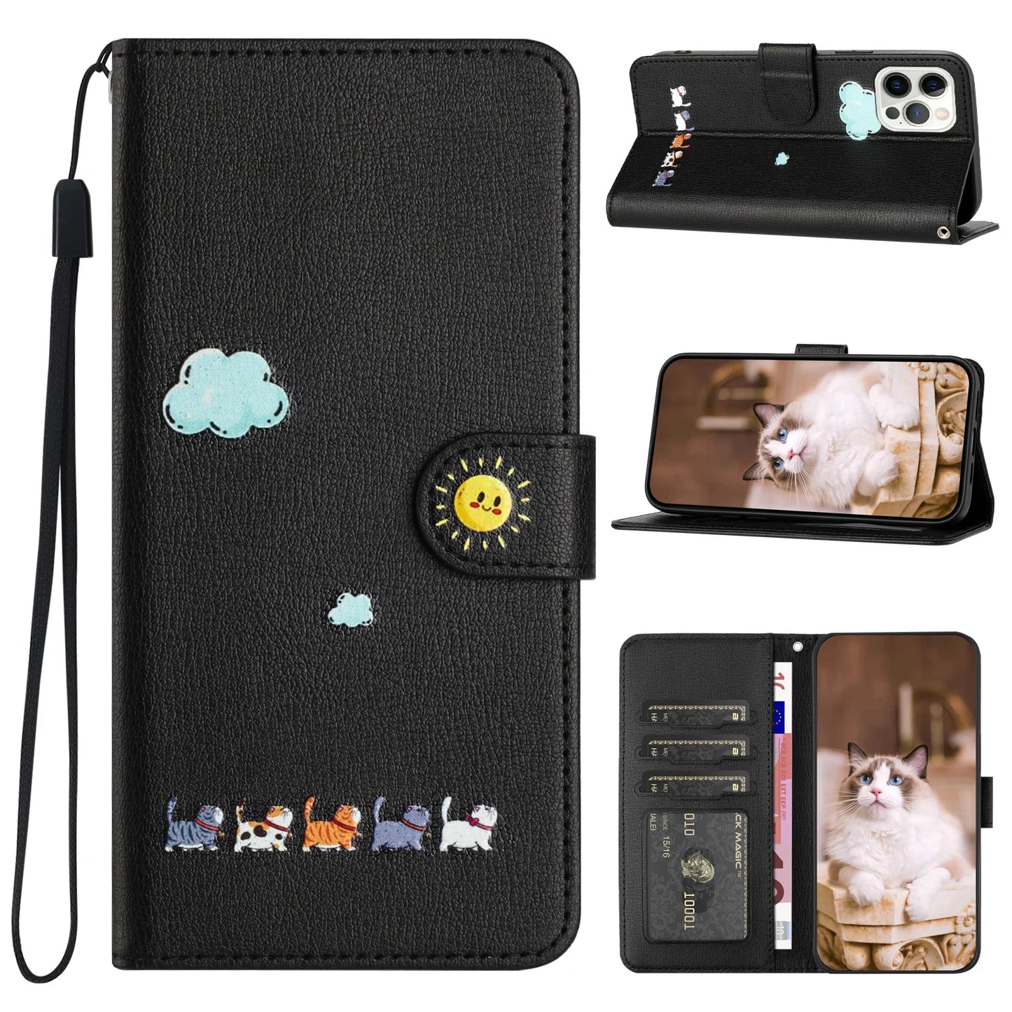 Leather Cat Phone Wallet Case Book Kickstand For Google Pixel 9 8 7 Pro 8A 7A 9A,Sony Xperia 1 10 V 5G Card Slot Cute Flip Cover