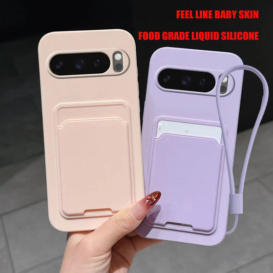 Case for Google Pixel 10 Pro 9 8 Liquid Silicone Card Holder Soft Phone Skin Cover 10 Pro XL Shockproof Back Pocket Wallet Funda