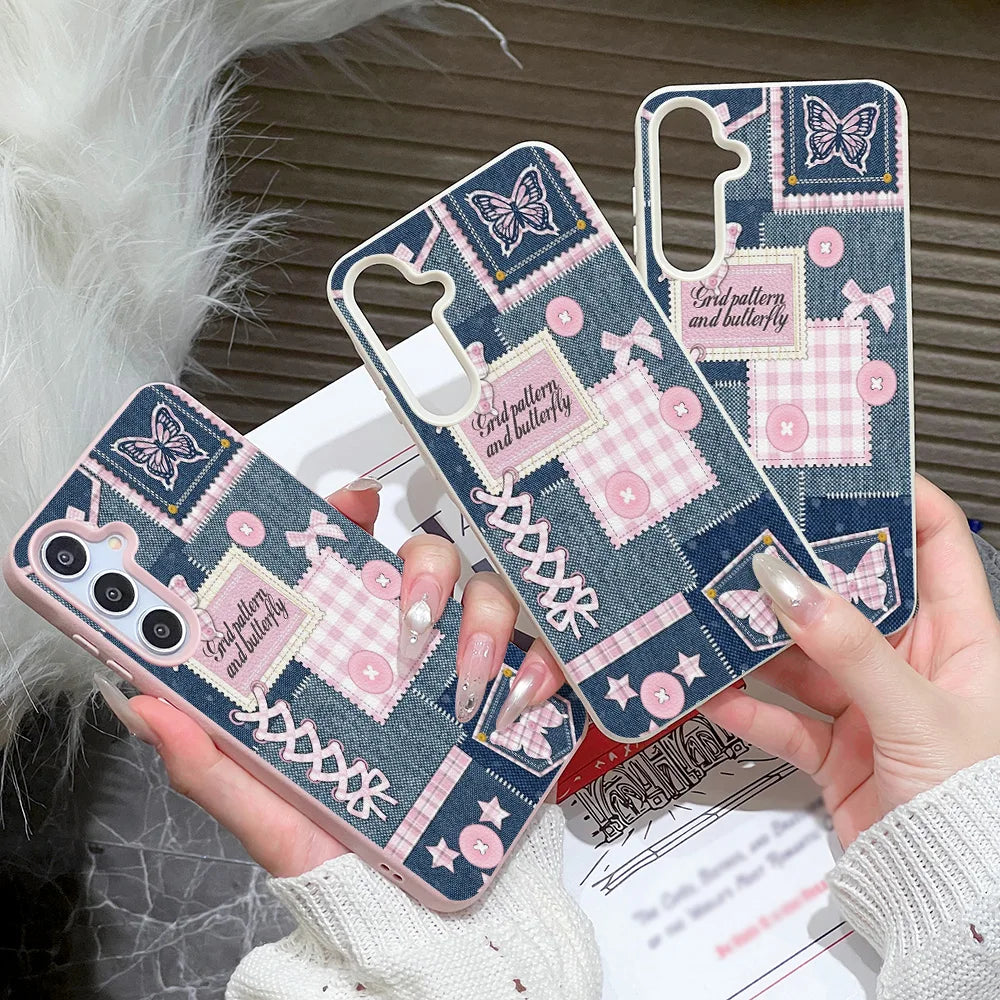 Phone Case for Samsung Galaxy S26 S25 S23 Ultra S24 FE A57 A56 A55 A54 A53 A16 5G A07 A06 A15 4G Cases Denim Patchwork Butterfly