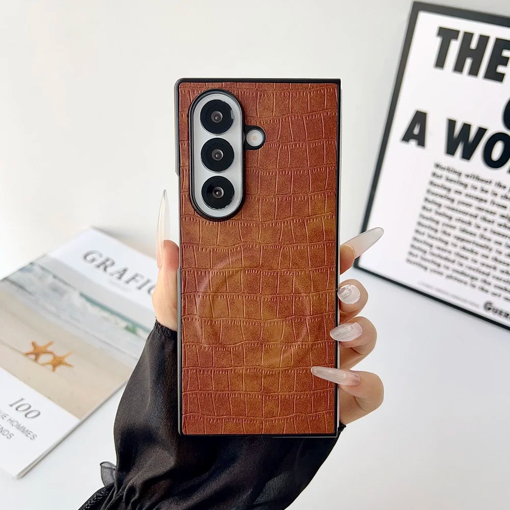 Solid Color Crocodile Pattern PU Leather Phone Case For Samsung Galaxy Z Fold 7 6 5 4 3 For Magnetic Charging Protection Cover