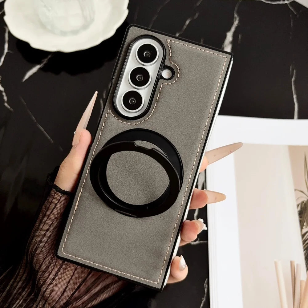 Luxury Matte Sheepskin For Magsafe Phone Case For Samsung ZFold 8 7 6 5 4 3 ZFold8 Wide ZFold7 360° Rotating Stand  Back Cover