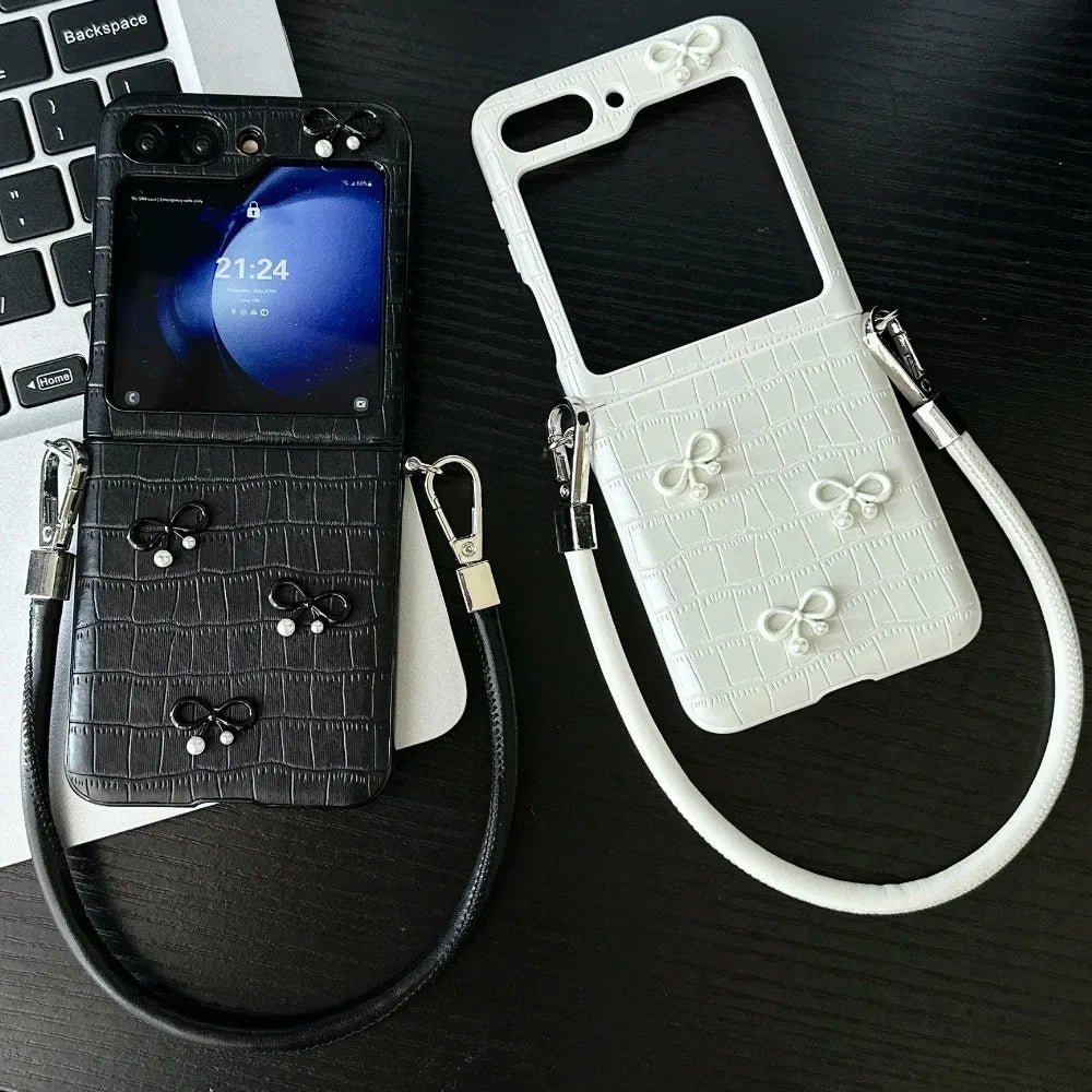 Shockproof Crocodile Pattern PU Leather Bowknot Phone Case for Samsung Galaxy Z Flip 7 FE 6 5 4 3 Wrist Strap Protection Cover
