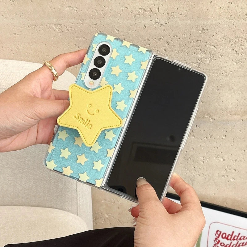 Star Folding Bracket Cartoon Glitter Case For Samsung Galaxy Z Flip7 Flip 6 5 4 3 ZFold 7 6 5 Shockproof Epoxy Bumper Soft Shell