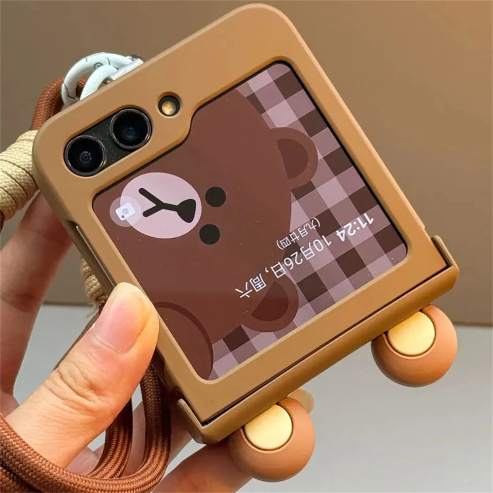 Ins Korean Cute Cartoon Bear Ears Phone Case For Samsung Galaxy Z Flip 6/5/4/3 For Motorola Razr 40 50 Ultra Japan Anime Cover