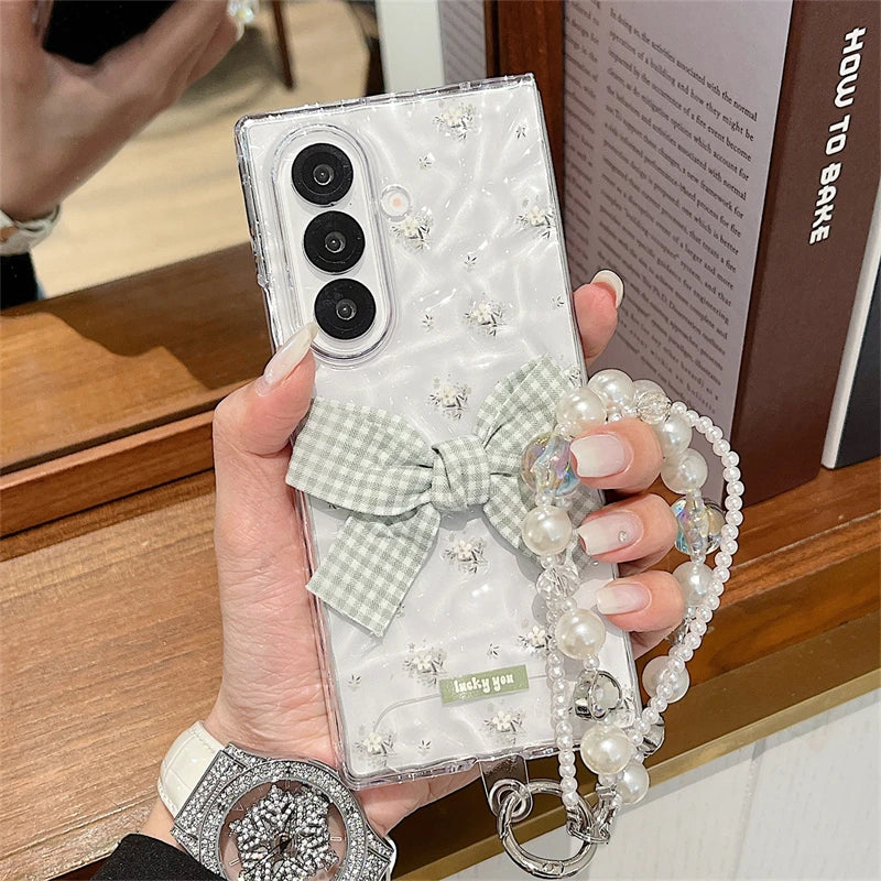 Clear Water Ripples Bowknot Flower Cute Phone Case For Samsung Z Fold 7 6 Fold6 Cases with Chain Cover For ZFold6 ZFod7 Funda