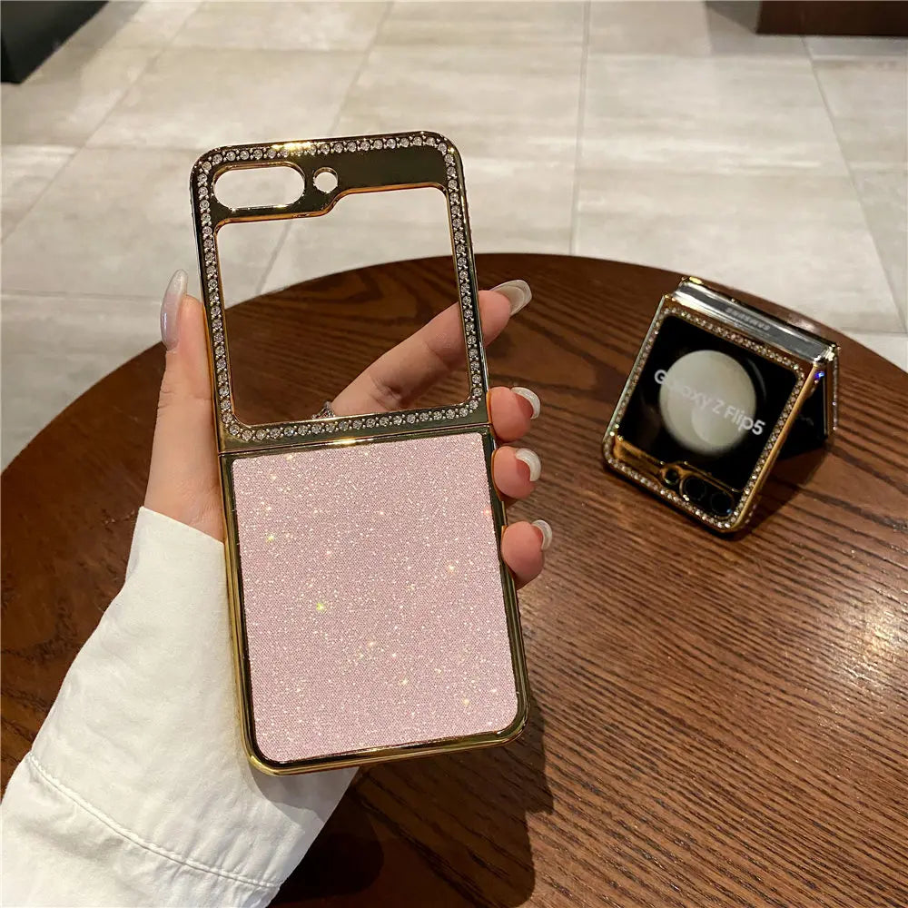 Luxury Bling Diamond Leather Plating Case For Samsung Galaxy Z Flip 6 Flip 5 Flip 3 4 Shockproof Cover Funda
